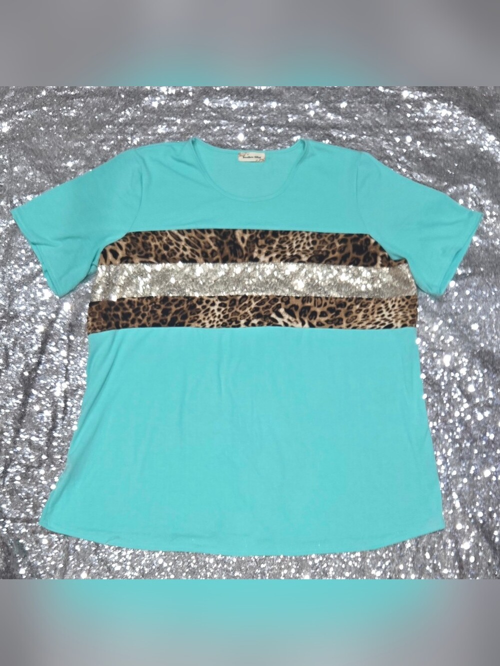Sequin Short Sleeve Teal Tee with Leopard and Metallic Stripes